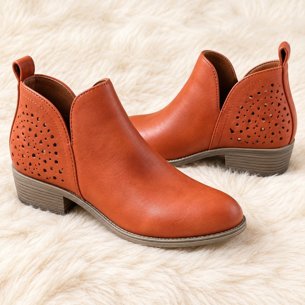 Womens Perforated Cutout Ankle Booties Western Low Heel Cognac Vepose Boho Fall